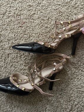 Studded Pointed-Toe Strappy Pump in Black and Nude